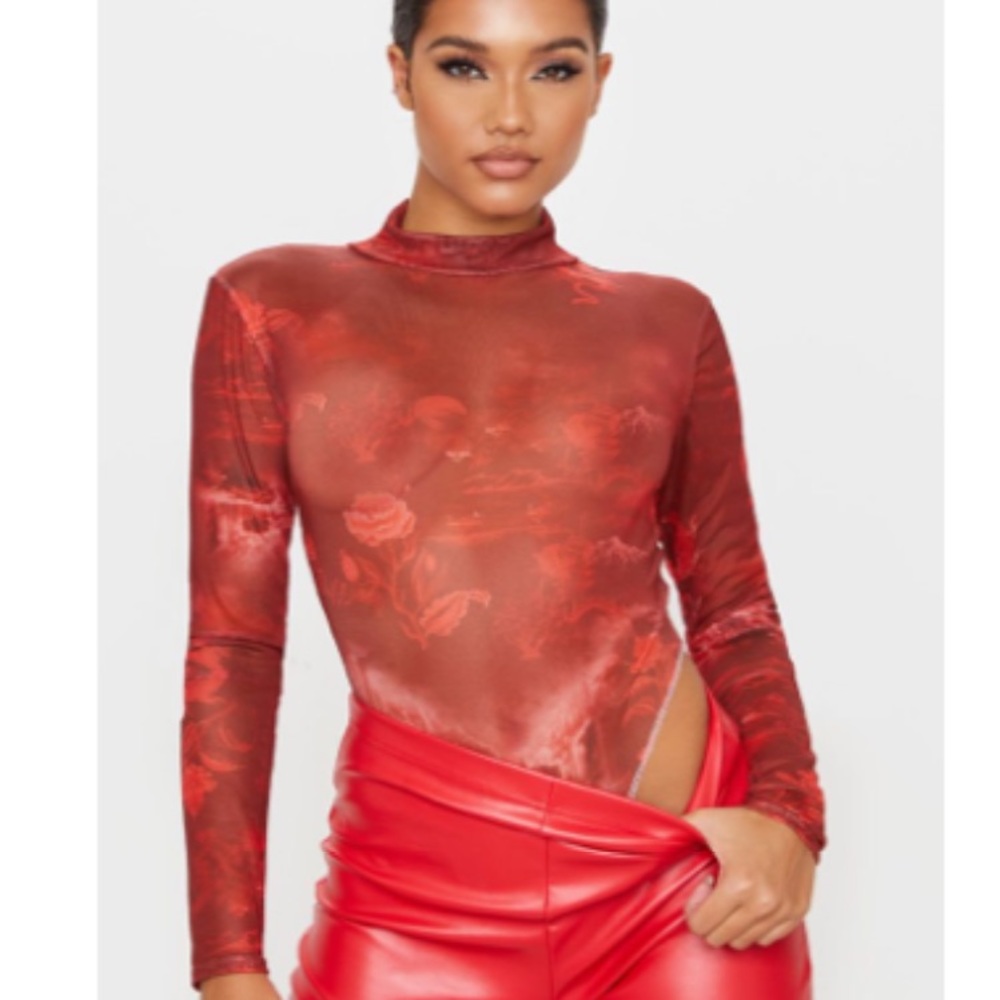 Red Mesh Printed Contrast High Leg Bodysuit